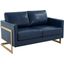 LeisureMod Lincoln Navy Blue Modern Mid-Century Upholstered Leather Loveseat with Gold Frame