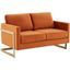 LeisureMod Lincoln Orange Modern Mid-Century Upholstered Velvet Loveseat with Gold Frame