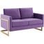 LeisureMod Lincoln Purple Modern Mid-Century Upholstered Velvet Loveseat with Gold Frame