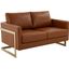 LeisureMod Lincoln Tan Modern Mid-Century Upholstered Leather Loveseat with Gold Frame