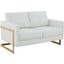 LeisureMod Lincoln White Modern Mid-Century Upholstered Leather Loveseat with Gold Frame