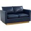 Leisuremod Nervo Modern Mid-Century Upholstered Leather Loveseat With Gold Frame In Navy Blue