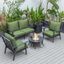 Leisuremod Walbrooke Modern Black Patio Conversation With Round Fire Pit With Slats Design And Tank Holder In Green
