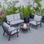 Leisuremod Walbrooke Modern Black Patio Conversation With Round Fire Pit With Slats Design And Tank Holder In Light Grey