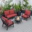 Leisuremod Walbrooke Modern Black Patio Conversation With Round Fire Pit With Slats Design And Tank Holder In Red