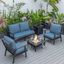 Leisuremod Walbrooke Modern Black Patio Conversation With Square Fire Pit With Slats Design And Tank Holder In Navy Blue