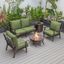 Leisuremod Walbrooke Modern Brown Patio Conversation With Round Fire Pit With Slats Design And Tank Holder In Green