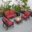Leisuremod Walbrooke Modern Brown Patio Conversation With Square Fire Pit With Slats Design And Tank Holder In Red