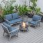 Leisuremod Walbrooke Modern Grey Patio Conversation With Round Fire Pit And Tank Holder In Navy Blue