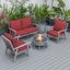 Leisuremod Walbrooke Modern Grey Patio Conversation With Round Fire Pit And Tank Holder In Red