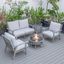 Leisuremod Walbrooke Modern Grey Patio Conversation With Round Fire Pit With Slats Design And Tank Holder In Light Grey