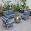 Leisuremod Walbrooke Modern Grey Patio Conversation With Round Fire Pit With Slats Design And Tank Holder In Navy Blue