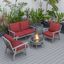 Leisuremod Walbrooke Modern Grey Patio Conversation With Round Fire Pit With Slats Design And Tank Holder In Red