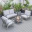 Leisuremod Walbrooke Modern Grey Patio Conversation With Square Fire Pit With Slats Design And Tank Holder In Light Grey