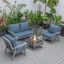 Leisuremod Walbrooke Modern Grey Patio Conversation With Square Fire Pit With Slats Design And Tank Holder In Navy Blue