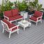 Leisuremod Walbrooke Modern White Patio Conversation With Square Fire Pit And Tank Holder In Red