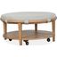 Lindon Round Cocktail Table With Grey Upholstered Top And Casters