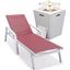 Marlin Outdoor Patio Chaise Lounge Chair With Arms and Square Fire Pit Side Table In Burgundy