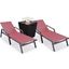 Marlin Outdoor Patio Chaise Lounge Chair With Arms and Square Fire Pit Side Table Set of 2 In Burgundy