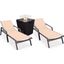 Marlin Outdoor Patio Chaise Lounge Chair With Arms and Square Fire Pit Side Table Set of 2 In Light Brown