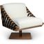 Modern Brazilian Girona Swivel Chair In Pecan Frame, Boucle Ivory Seat and Dark Brown Leather Straps