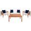 Nunzio Teak, White and Navy 4-Piece Outdoor Set with Accent Pillows