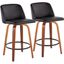 Toriano Fixed-Height Counter Stool Set of 2 in Walnut Wood with Round Chrome Footrest and Black Faux Leather