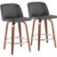 Toriano Fixed-Height Counter Stool Set of 2 in Walnut Wood with Round Chrome Footrest and Grey Faux Leather