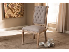 Baxton Studio Hudson Chic Rustic French Country Cottage Weathered Oak Beige Fabric Button-Tufted Upholstered Dining Chair