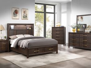 Kenzo 5 Piece Storage Full Bedroom Set with LED Headboard, Bluetooth Speakers and USB Ports In Walnut