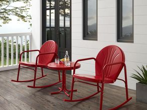 Griffith 3 Piece Retro Outdoor Rocking Chair Set In Bright Red Gloss