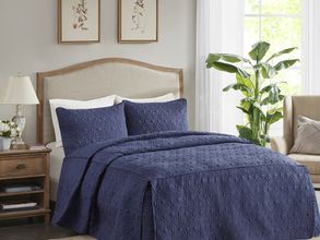 Polyester Fitted 3 Piece King Bedspread In Navy