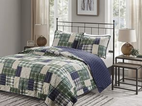 Timber Polyester Reversible Printed 3 Piece Queen Coverlet Set In Green / Navy