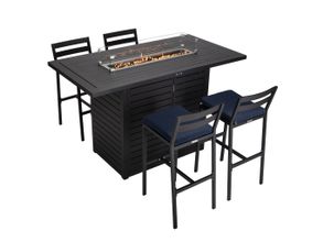 Chelsea Aluminum Outdoor Dining Set with 1 Bar Height Fire Pit Table and 4 Bar Chair In Black with Blue Cushions
